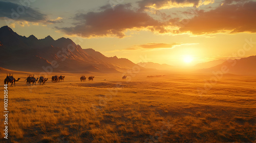 Camel Caravan Crossing the Desert at Sunset