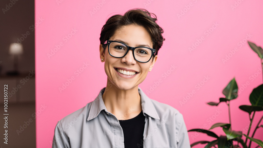 Portrait of a smiling woman in glasses against a pink background Portrait of a smiling woman in glasses against a pink background