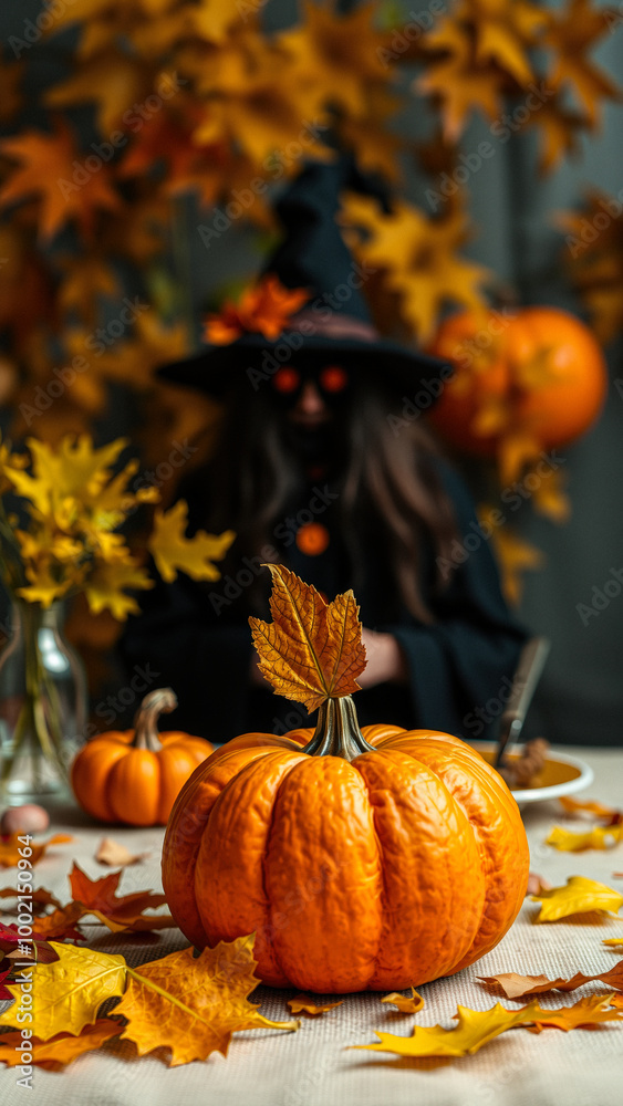 Pumpkin with Fall Leaves and Witch in the Background Pumpkin with Fall Leaves and Witch in the Background
