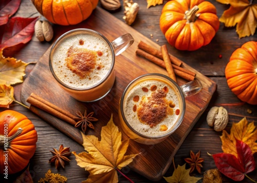 Cozy Pumpkin Spice Drinks Surrounded by Autumn Leaves and Seasonal Decorations for Fall Vibes