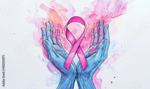 A painting of two hands holding a pink ribbon with the words 