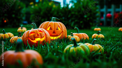 Jack-O'-Lanterns in the Grass photo