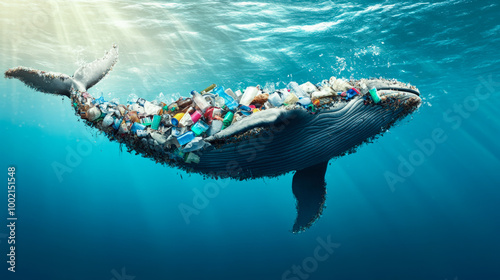 A whale made of plastic bottles is swimming in the ocean photo