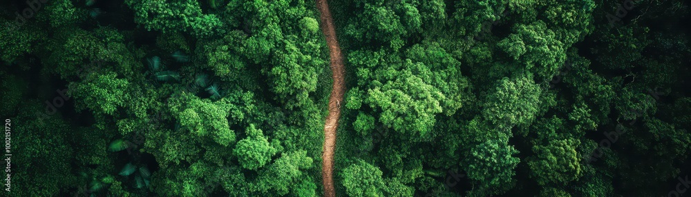 Fototapeta premium Aerial View of a Serene Pathway Cutting Through Lush Green Forest Canopy