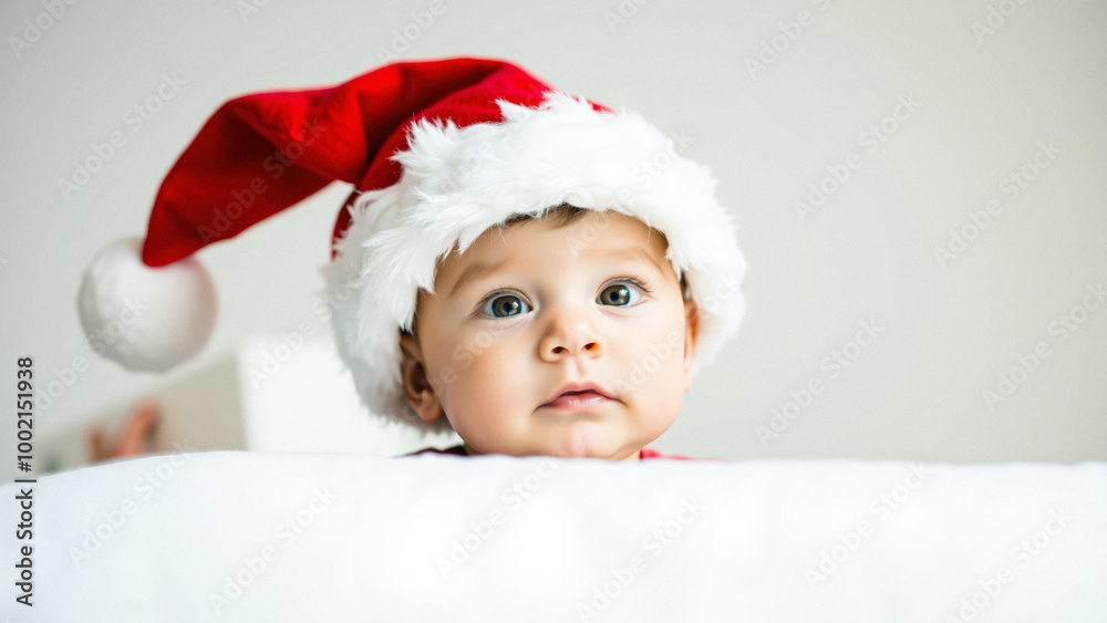 Cute baby in Santa hat looks up Cute baby in Santa hat looks up