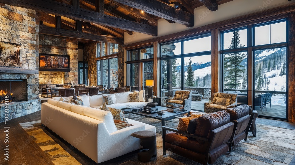 Rustic modern living room with exposed beams, stone walls, and a cozy, inviting design. Rustic modern living room with exposed beams, stone walls, and a cozy, inviting design.