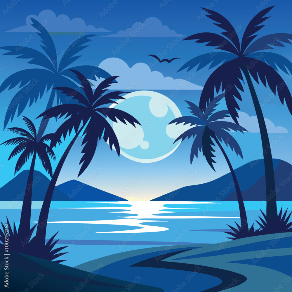 Fototapeta premium Tropical paradise: palm trees sway over the sandy beach with the clear ocean and summer sky