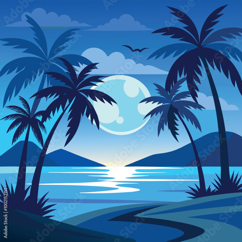 Tropical paradise: palm trees sway over the sandy beach with the clear ocean and summer sky
