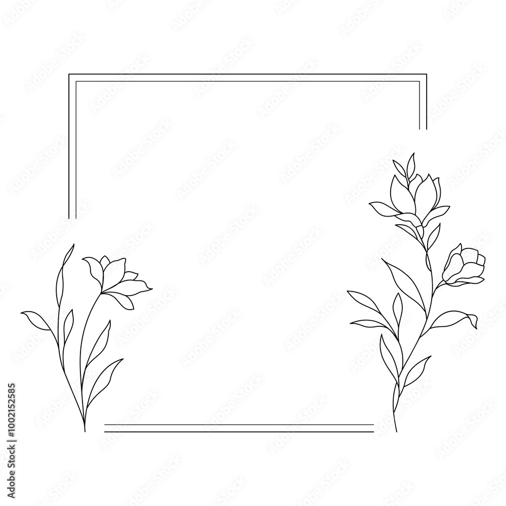Fototapeta premium Floral and square hand drawn style. Floral black and white frame of twigs, leaves and flowers. Frames for the Valentine's day, wedding decor, logo and identity template.