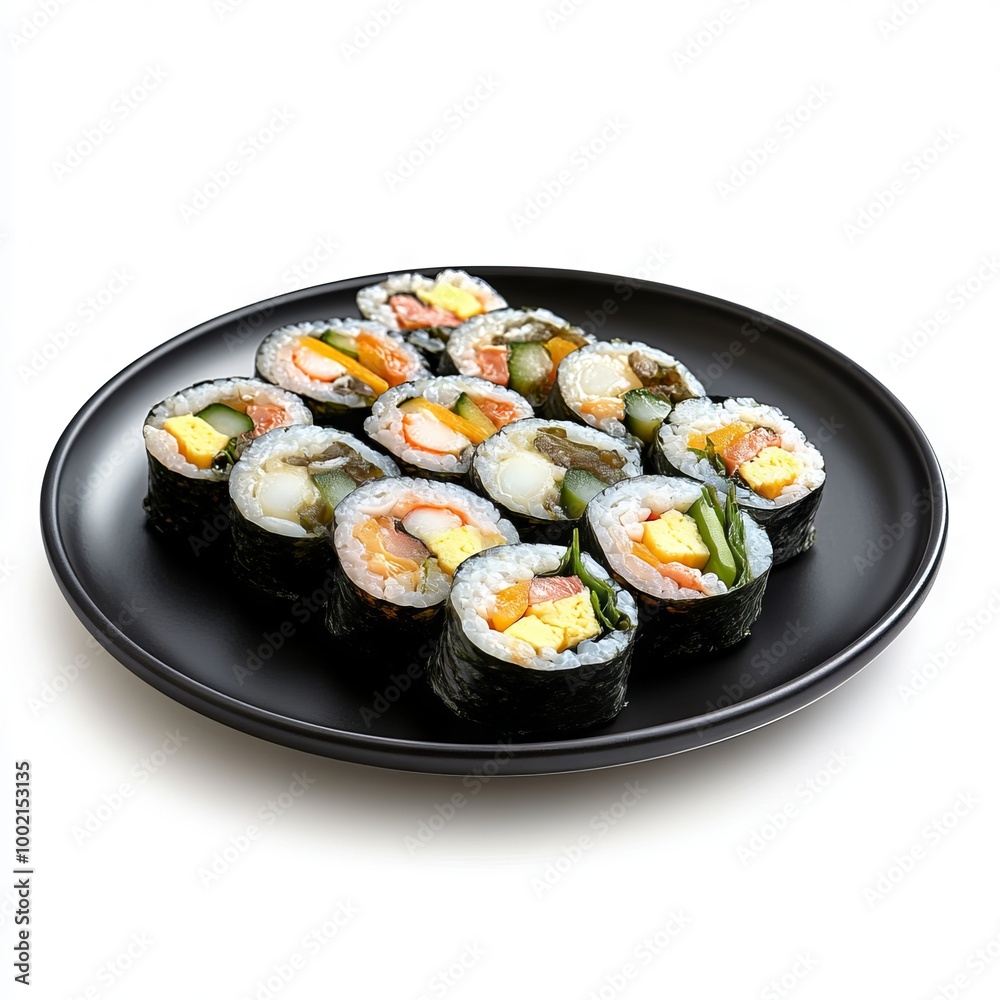 Korean gimbap on black plate isolated on white background. Korean gimbap on black plate isolated on white background.