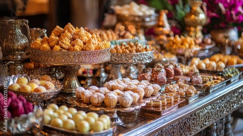 Festival sweets from around the world presented in elegant, ornate containers, creating a festive, luxurious display