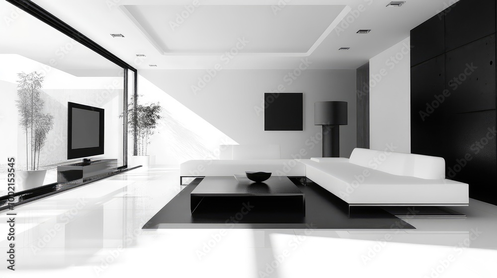 Sleek, high-end living room with modern furniture, black-and-white decor, and a minimalist aesthetic. Sleek, high-end living room with modern furniture, black-and-white decor, and a minimalist aesthetic.