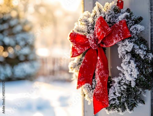 Snow covered Christmas wreath with a bright red bow hanging on a white door, capturing the festive spirit and winter charm of the holiday season.