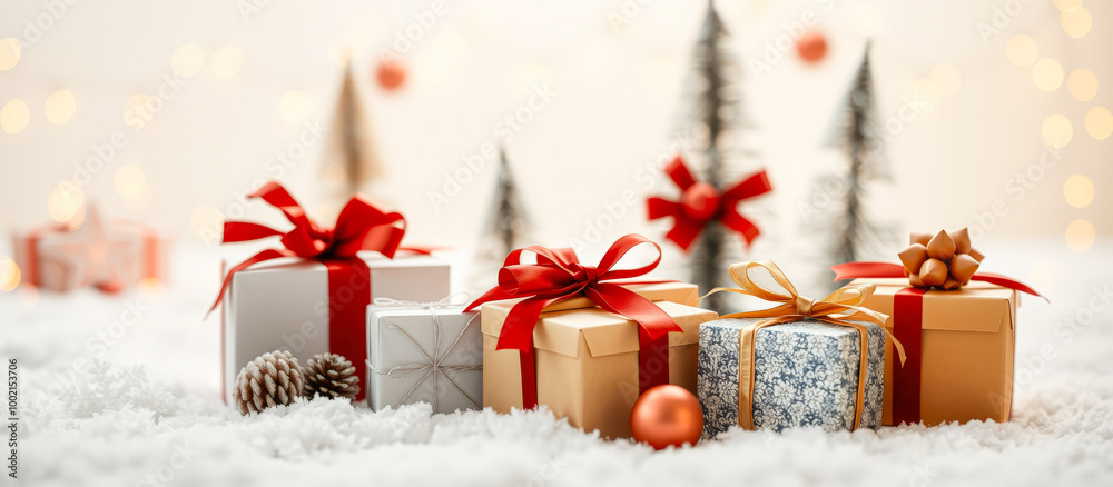 Festive Christmas Gifts Wrapped in Red and Gold Ribbon Festive Christmas Gifts Wrapped in Red and Gold Ribbon