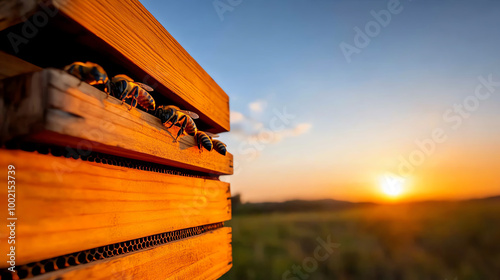 Bees on wooden hives at sunset, nature's beauty and ecological balance.