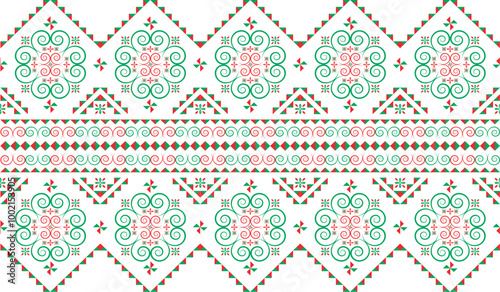 Hmong ethnic pattern. Seamless geometric vector pattern with green and red triangles and graphic flowers. Use in clothing design.
