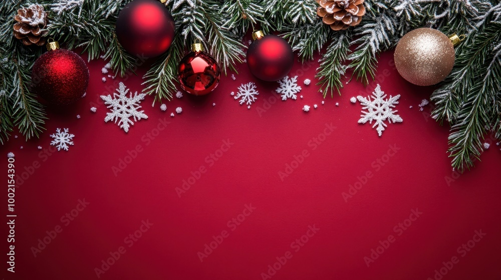 Festive holiday greeting card with baubles, snowflakes, and fir branches on a deep red background, ideal for Christmas wishes. Festive holiday greeting card with baubles, snowflakes, and fir branches on a deep red background, ideal for Christmas wishes.