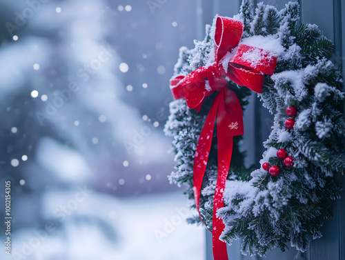 Snow covered Christmas wreath with red bow and berries hanging on an outside door, capturing the festive spirit and winter charm of the holiday season.