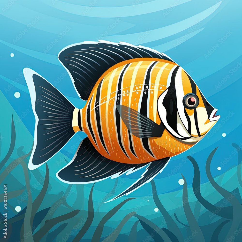 Naklejka premium Elegant and Minimalistic 2D Illustration of a Tropical Striped Angel Fish
