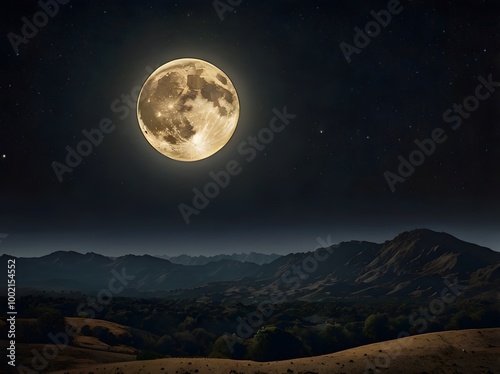 Full Moon Over Mountain Range at Night