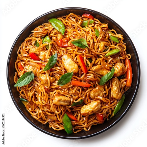 Bami, Fried noodles Asian food. Top view. Noodles with chicken and vegetables. Isolated on white background.