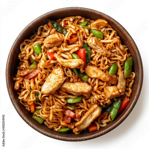 Bami, Fried noodles Asian food. Top view. Noodles with chicken and vegetables. Isolated on white background.