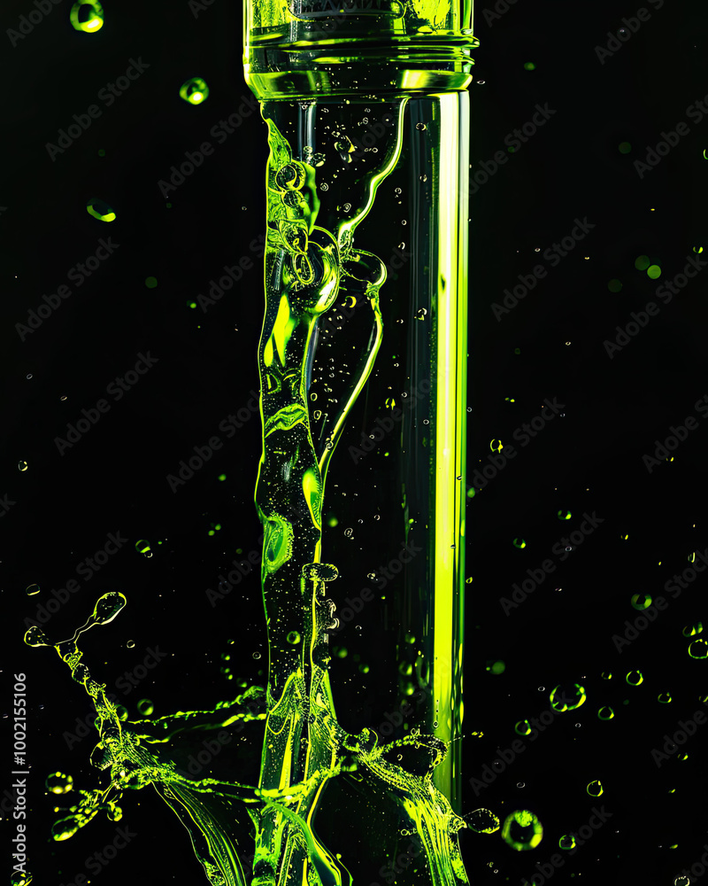 Futuristic green liquid cascades; luminous streams, droplets shine, black background contrasts.