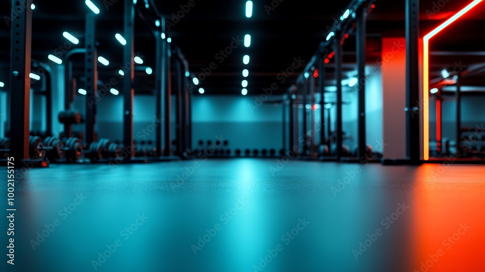 Modern gym interior with vibrant lighting and spacious workout area.