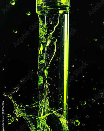 Obraz na płótnie Futuristic green liquid cascades; luminous streams, droplets shine, black background contrasts. w salonie