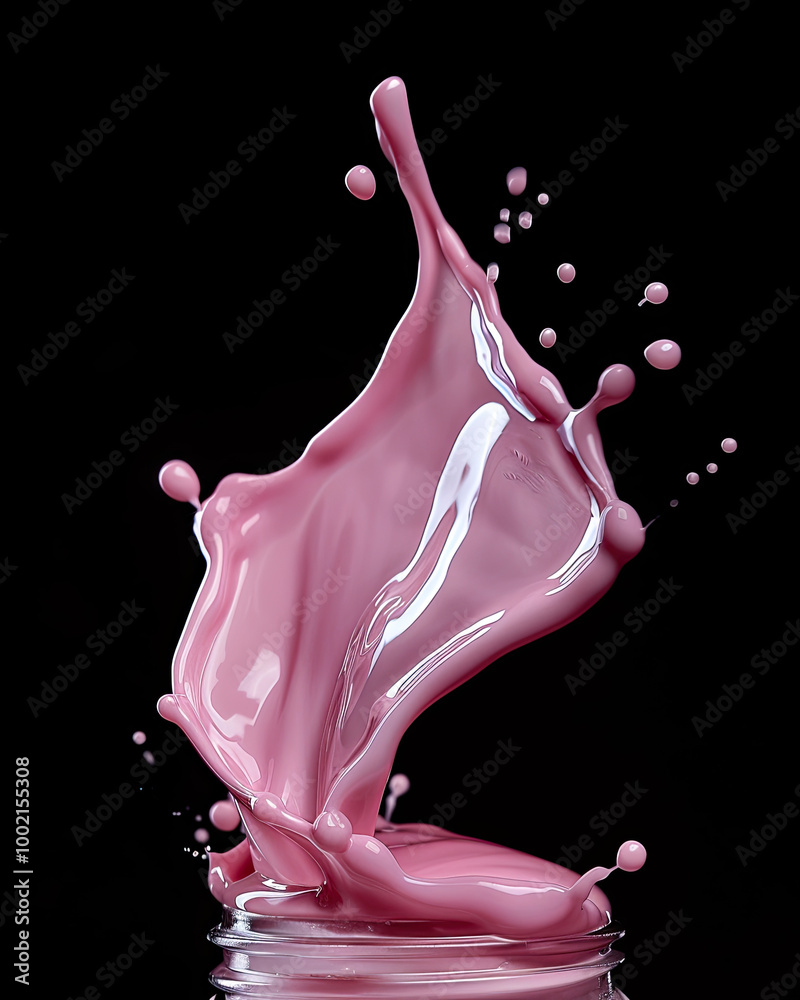 Pink nail polish splashes from bottle; elegant curves, droplets reflect light on black background.