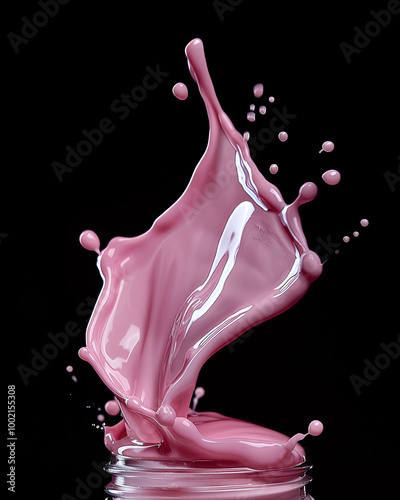 Obraz na płótnie Pink nail polish splashes from bottle; elegant curves, droplets reflect light on black background. w salonie