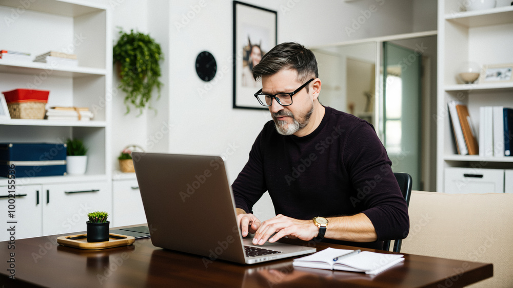 Mature man working from home on laptop Mature man working from home on laptop