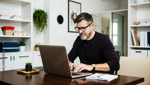 Mature man working from home on laptop