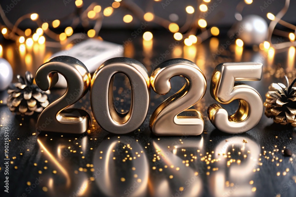 The banner. Happy New Year and Merry Christmas. Shiny 2025 numbers, sequins and a beautiful bokeh on a dark background. The flyer. Invitation.