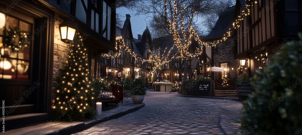 Obraz premium A picturesque village street lit with glowing festive lights, showcasing charming Tudor-style buildings and inviting snowy paths at twilight.