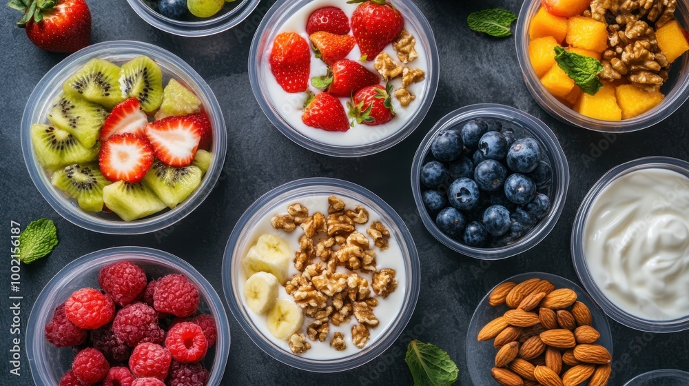 Flat lay of healthy breakfast boxes featuring a mix of fresh fruits, nuts, and yogurt parfaits, with room for text. Flat lay of healthy breakfast boxes featuring a mix of fresh fruits, nuts, and yogurt parfaits, with room for text.