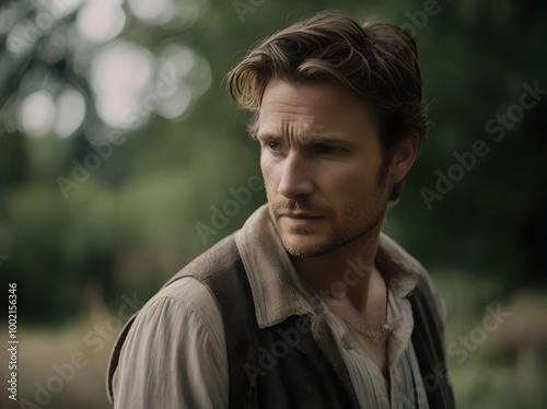 Simple Headshot Portrait of a Country Man Looking to the Side in the Forest, Wearing a Shirt and Sleeveless Vest