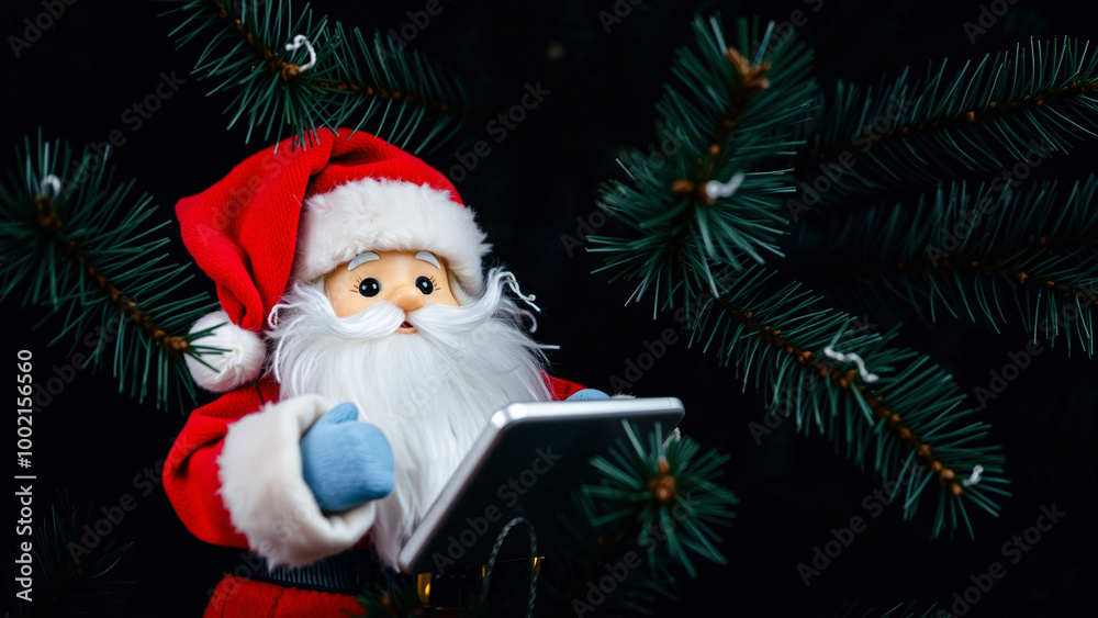 Santa Claus Using a Tablet in Front of a Christmas Tree Santa Claus Using a Tablet in Front of a Christmas Tree