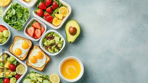 Flat lay of healthy breakfast boxes with avocado toast, eggs, and fruit salads, arranged neatly with copy space.