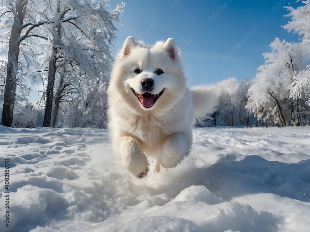 Happy Samoyed Dog Running in Snowy Forest Happy Samoyed Dog Running in Snowy Forest