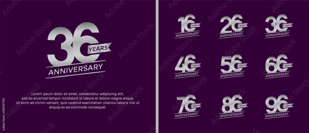 set of anniversary logo flat silver color on purple background for celebration moment set of anniversary logo flat silver color on purple background for celebration moment