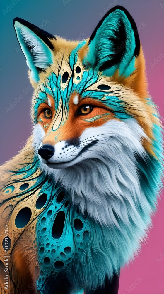 Obraz premium A mesmerizing fox-inspired digital art piece with turquoise, gold, and black fur patterns resembling fluid movement.
