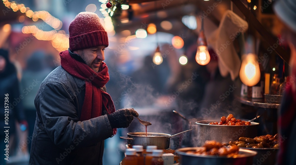 Street man vendor prepares mulled wine at an outdoor christmas market, a cozy, festive atmosphere with lights and delightful aromas of spices and sugar. Merry Christmas and Happy New Year Street man vendor prepares mulled wine at an outdoor christmas market, a cozy, festive atmosphere with lights and delightful aromas of spices and sugar. Merry Christmas and Happy New Year