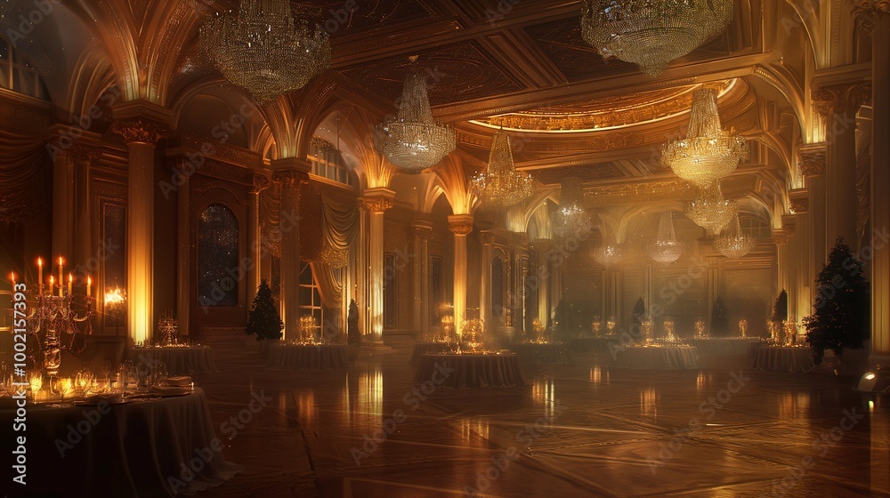 Elegant, luxurious ballroom restaurant is set for a christmas or new year eve party, decorated with flower arrangements. The banquet hall is ready for the holiday with catering set up holiday tables Elegant, luxurious ballroom restaurant is set for a christmas or new year eve party, decorated with flower arrangements. The banquet hall is ready for the holiday with catering set up holiday tables