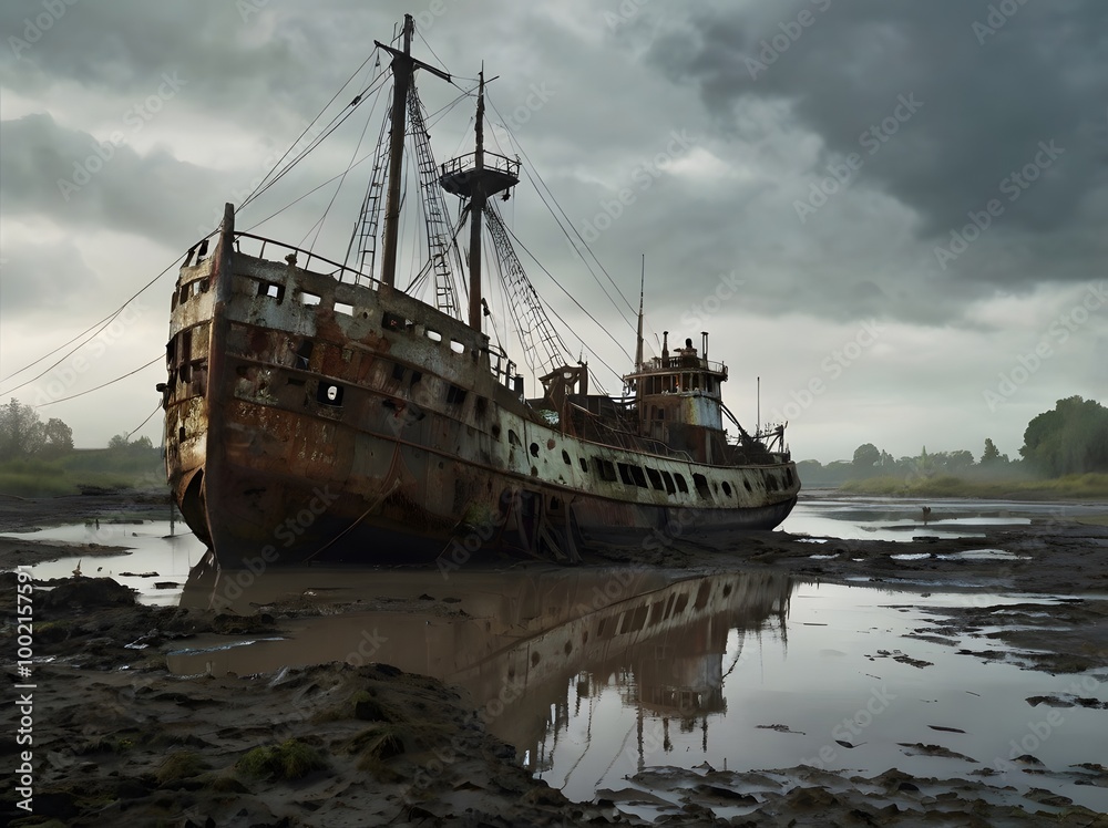 Rusty Shipwreck in Shallow Water with Cloudy Sky