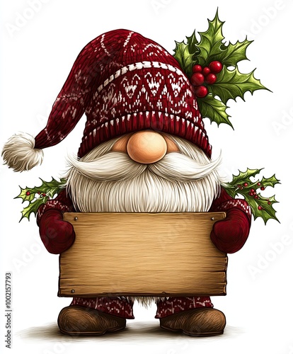 Christmas Gnome Holding Blank Wooden Sign, Festive Christmas gnome with a red patterned hat and holly, holding a blank wooden sign, perfect for holiday messages or greetings.

