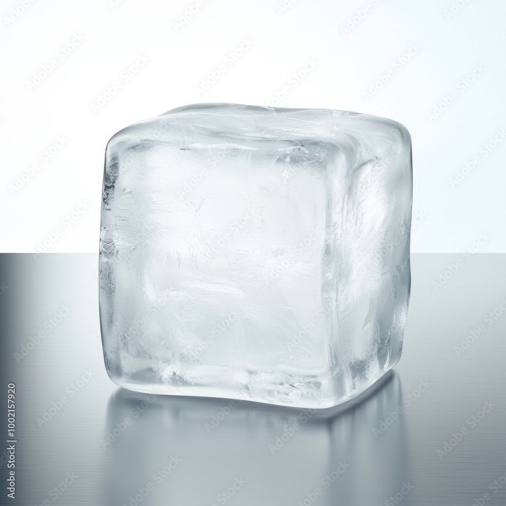 Clear ice cube on a reflective surface, showcasing its transparency and purity against a light background, ideal for beverage presentations. Clear ice cube on a reflective surface, showcasing its transparency and purity against a light background, ideal for beverage presentations.