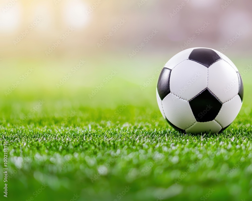 Fototapeta premium A close-up of a classic black and white soccer ball resting on vibrant green grass under soft lighting, ideal for sports-related themes.