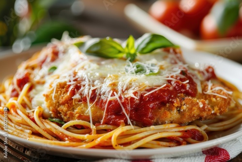 A delicious plate of chicken parmesan with marinara sauce and melted mozzarella, served over a bed of spaghetti. Copy space