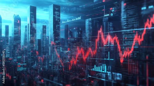 A futuristic cityscape featuring towering skyscrapers with illuminated graphs and financial data, symbolizing economic trends and digital technology.